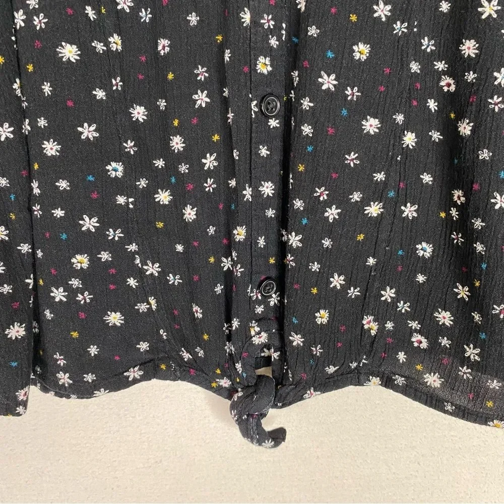 Mudd Top Girls Black Multi Color Button Down Tie Waist Floral Flare Sleeves 10